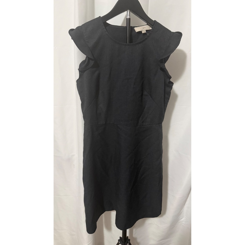 LOFT Ann Taylor Black Ruffle Cap Sleeve Sheath Dress Petite 8P Solid Textured